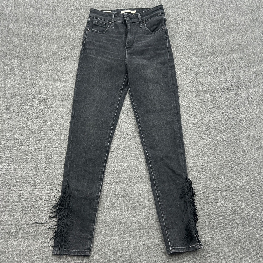 Levis 721 High Rise Skinny Black Denim Jeans 26 Fringe Ankle Stretch Mob Goth